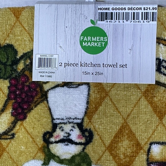 Farmers Market Kitchen Towels Wine Barrel Chef Cotton Velour Terry Set 2 Pieces - Picture 5 of 14